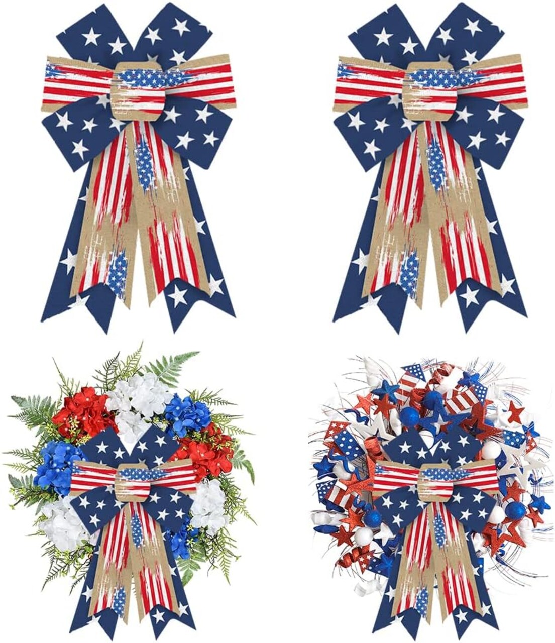 2pcs Patriotic Bows for Wreath, Memorial Day Wreath Bows 4th of July Burlap Bows for Front Door, Red White America Flag Blue Patriotic Star Tree Topper Bow for Indoor Outdoor Decoration